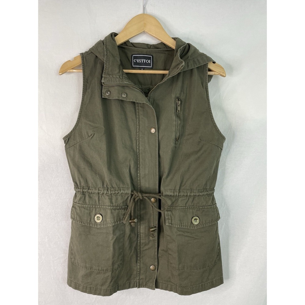 C'Esttoi Military Vest Womens Small Army Green Button Up Zip Up Adjustable Waist